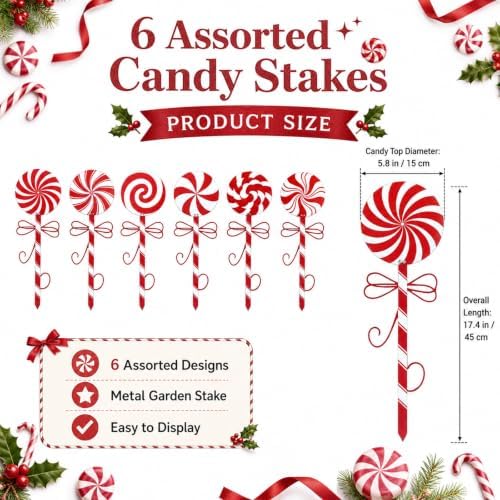 6 Pcs Christmas Outdoor Yard Stakes 17.4" Candy Cane Decor - Image 3