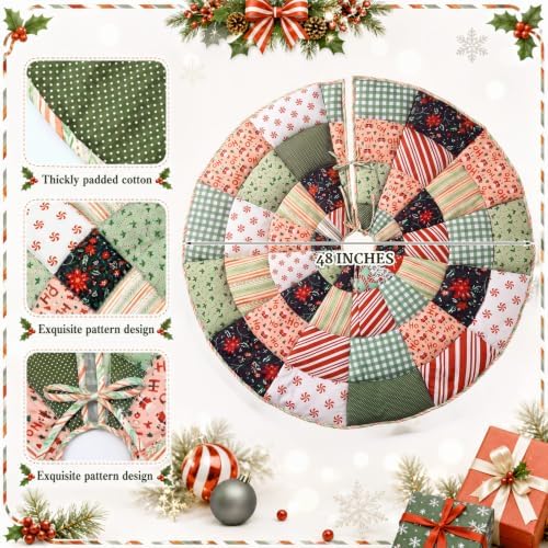 Junkin 48" Quilted Christmas Tree Skirt Colorful Patchwork Vintage - Image 2