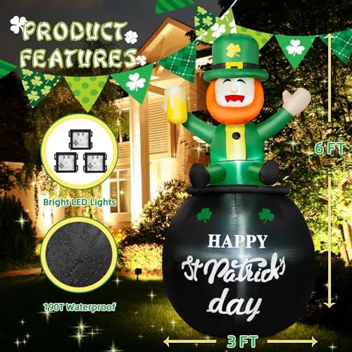 B&D 6FT St Patricks Day Inflatables Outdoor Decorations, Blow Up Leprechaun Holds Beer Cup Sitting on Pot of Gold Built-in LED Lights, St Patricks Day Decorations for Irish Day Yard Garden Lawn Decor - Image 5