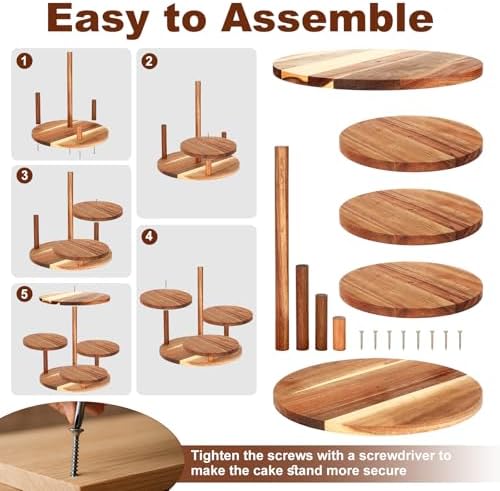 Hushee 4 Pcs Wood Round Cupcake Tower Stand with Serving Platters Trays Set, 4 Tier Wooden Cake Stand Tray with 1 Round Dinner Plate 2 Rectangular Plates for Dessert Snack Party(Brown) - Image 2