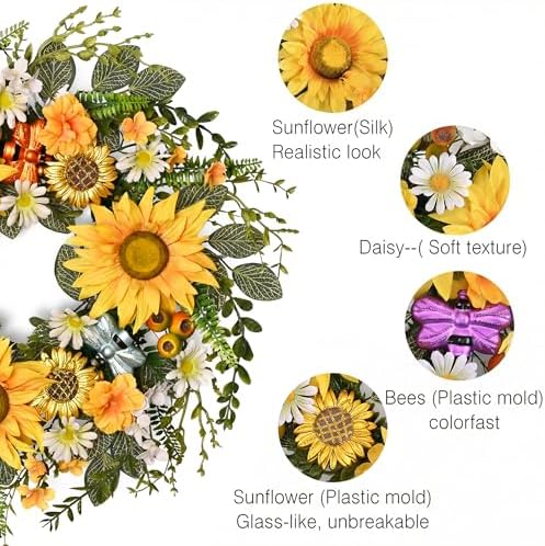 DecorbyHannah Summer Sunflower Wreaths for Front Door Outside All Season, 22 Inch Artificial Collapsible Farmhouse Wreaths with Daisy and Bee, Sunflower Decor for Porch, Wedding Housewarming Gifts - Image 3
