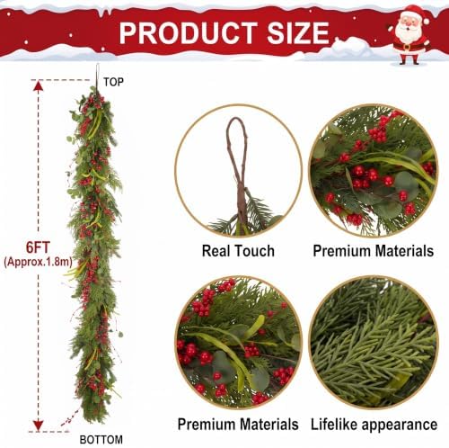 6FT Norfolk Pine Christmas Garland with Eucalyptus Red Berries, Realistic Artificial Cedar for Holiday Mantel, Table, Fireplace, Indoor Porch Xmas Decor - Image 3