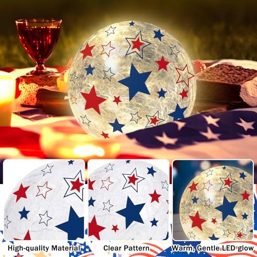 Whaline Patriotic Lighted Decorative Glass Ball 4th of July Party Decoration 4.7/6 in Red Blue American Star Crackle Glass Globe Battery Operated for Independence Day Table Mantel Fireplace, Set of 2 - Image 3