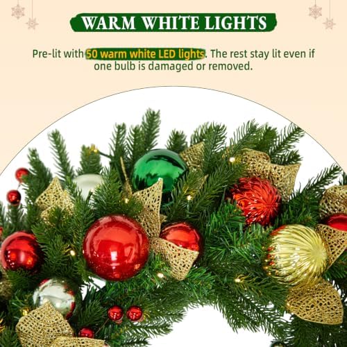 Hykolity 28 Inch Pre-Lit Christmas Wreath with 50 Warm White LED Lights and Timer, Battery Operated Artificial PE & PVC Wreath with Multicolor Ornaments and Glittered Gold Leaves for Front Door - Image 5