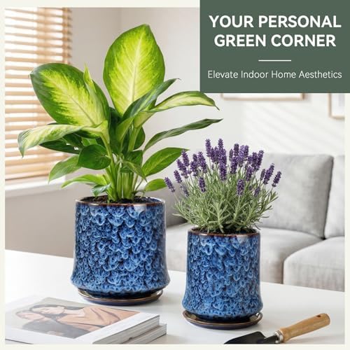 11 Inch Ceramic Planter Pot with Saucer Drainage Leak-Proof Mesh,Flower Pots for Lavender with Gardening Gloves,Ceramic Planter for Orchid(Peacock-Blue) - Image 2