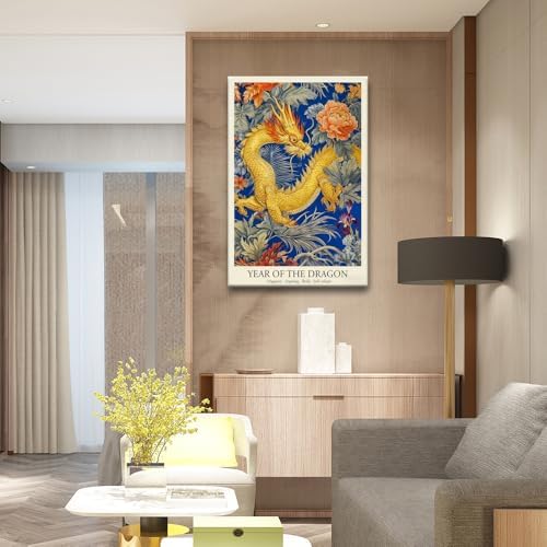 Chinese Lunar Year of the Dragon Art Print – Chinese Zodiac Wall Decor with Orange Peony & Iris Pattern Gilded Dark Blue Oriental Home Decor Poster for Bathroom Bedroom 20X30 in Black Framed - Image 7