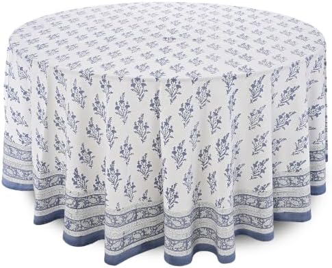 Ridhi Hand Block Print Round Tablecloth Coastal Blue 60 Inch 100% Cotton by Ridhi