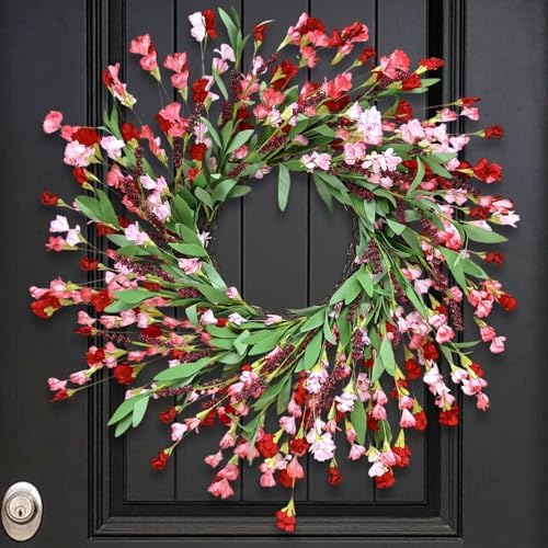 24" Spring Wreaths for Front Door Not Withering Artificial Floral Wreath with Wildflowers Summer Decorations for Indoor Outdoor Window Wall Farmhouse Porch Wedding Easter Home Decor Red Pink by MSMUH