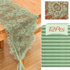 12 Pack Sage Green Lace Table Runners 14 x 120 Inch Sage Green Rustic Lace Fabric Table Runners with Rose Embroidered Floral Vintage Table-Runner for Party Wedding Bridal Shower Decorations - Image 2