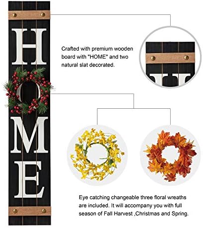 Glitzhome 3.5ft Wooden HOME Porch Sign with Interchangeable Spring, Fall & Christmas Wreaths, Changeable Vertical Farmhouse Hanging Wall Sign - Hang or Lean for Front Door Seasonal Decor, Black - Image 4