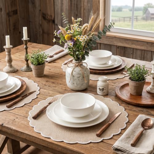 Set of 12 Linen Boho Cotton Placemats 15" Round Scalloped White - Image 5