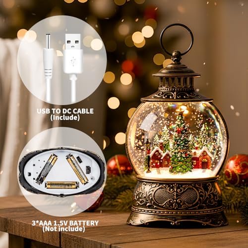 Christmas Village Snow Globe Lighted Christmas Tree and Village Scene, Musical Snow Water Lantern Swirling Glittering Home Decoration and Gift, Battery Operated or USB Powered - Image 3