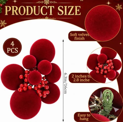 Roowest 4 Sets Christmas Red Ball Clusters Ornament Velvet Tree Decorations - Image 2