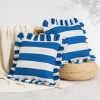 MONDAY MOOSE Decorative Throw Pillow Covers, Set of 2 Water-Resistant Striped Design with Ruffle Edge for Outdoor/Indoor Use, Pillow Inserts Not Included (20x20 inch, White/Blue) by MondayMoose