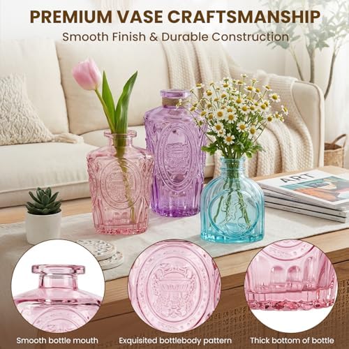 10Pcs Colored Glass Bud Vase Set,Embossed Mini Small Vintage Flower Vases - Image 3