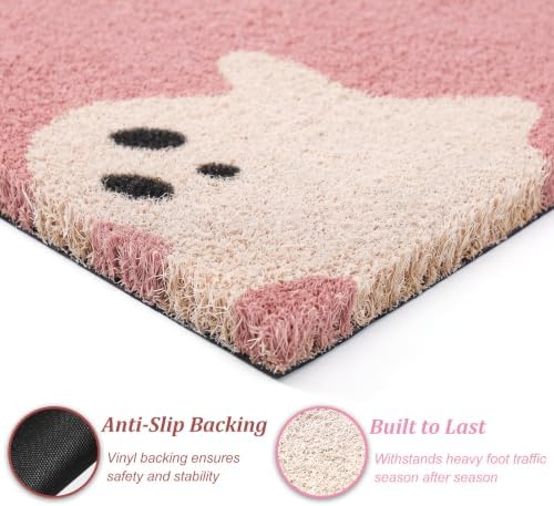 Honoson 2 Pcs Pink Ghost Halloween Doormat Set, Coir Striped Layer Rug - Image 3