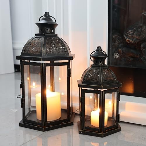 Large Lantern Decorative Outdoor & Indoor, Set of 2 (15’’&11’’) Metal Candle Lanterns Decor, Vintage Hanging Candle Holder for Front Porch Patio Wedding Farmhouse Home, Spring Decoration - Image 2