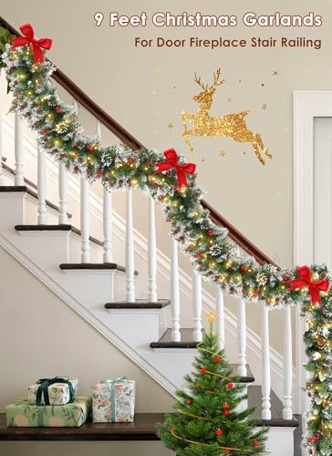 Christmas Garland with Lights, 9Ft Prelit Garland, 8 Light Modes & Timer - Image 3