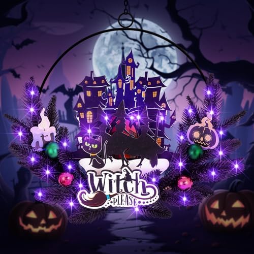 Pre-Lit Halloween Wreath for Front Door, Lighted Witch with 6H On/18H Off by Bringingjoytoyourhomelife