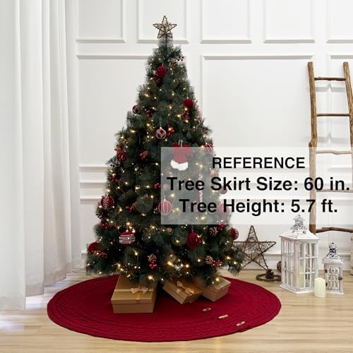60-Inch Cable Sweater Knit Christmas Tree Skirt with Wooden Toggles, Burgundy - Image 2