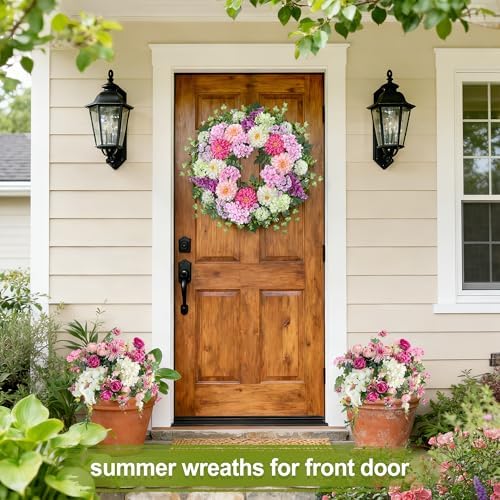 24 Inch Dahlia & Hydrangea Wreath Artificial Spring Wreath for Front Door Floral Wreat with Hyacinth Daisy Eucalyptus Ivy Indoor Outdoor Farmhouse Home Decor for Valentine’s Day Easter Summer - Image 4