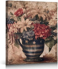 ZERILYN Ship Next Day – Patriotic Stars and Stripes Canvas Print, USA Flag Flower Arrangement Wall Decor, Red White Blue Vintage Home Decoration by ZERILYN