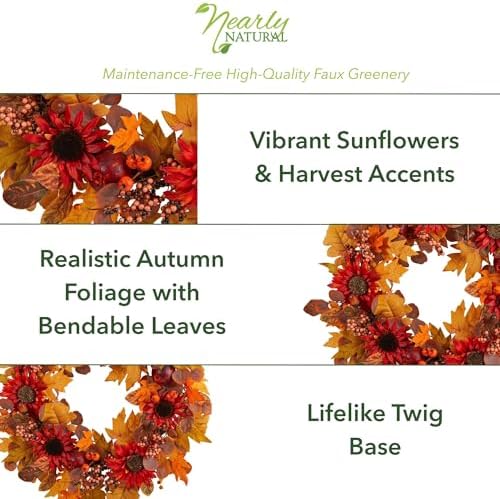 Nearly Natural 30 in Artificial Fall Sunflower Wreath for Front Door Decor - Image 2