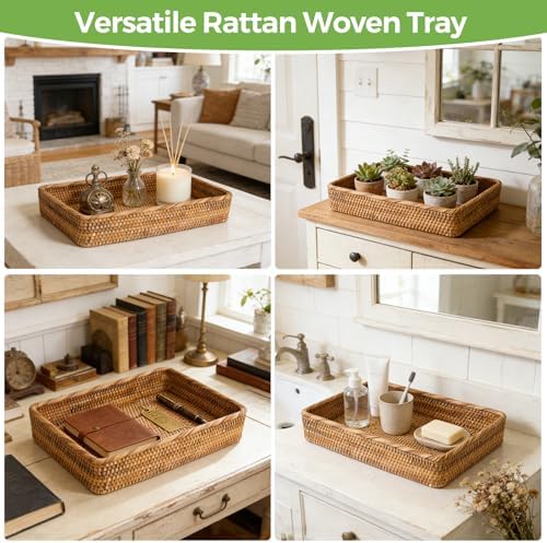 Large Rattan Serving Tray, Rectangle Wicker Storage Basket for Organizing - Image 6