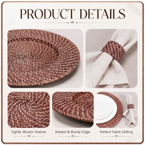 Set of 4 Rattan Charger Plates with Napkin Rings, Dark Brown - Image 4