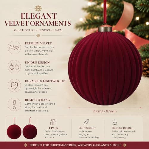 Pinkunn 4 Pcs Large Velvet Burgundy Christmas Ball Ornaments 8 Inch - Image 3