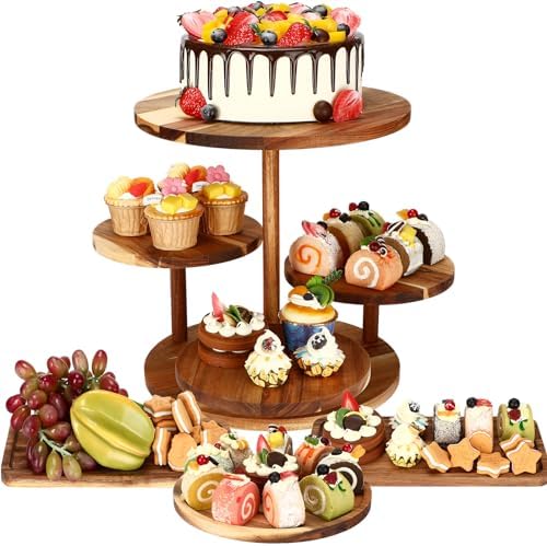 Hushee 4 Pcs Wood Round Cupcake Tower Stand with Serving Platters Trays Set, 4 Tier Wooden Cake Stand Tray with 1 Round Dinner Plate 2 Rectangular Plates for Dessert Snack Party(Brown) by Hushee