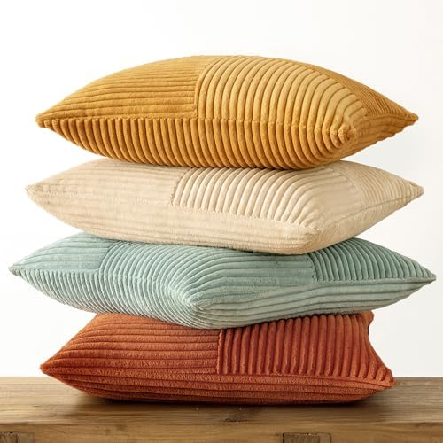 MIULEE Fall Teal-Orange Decorative Throw Pillow Covers 16x16 Inch Set of 4 Boho Corduroy Striped Cushion Cases Modern Farmhouse Patchwork Pillow Cases for Couch Sofa Bedroom Home Decor - Image 6