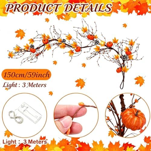 5 FT Fall Garland with Lights, Fall Maple Leaf Garland with Pumpkin Berries Pinecones Outdoor Thanksgiving Autumn Centerpiece Decorations for Home Door Fireplace Porch - Image 3