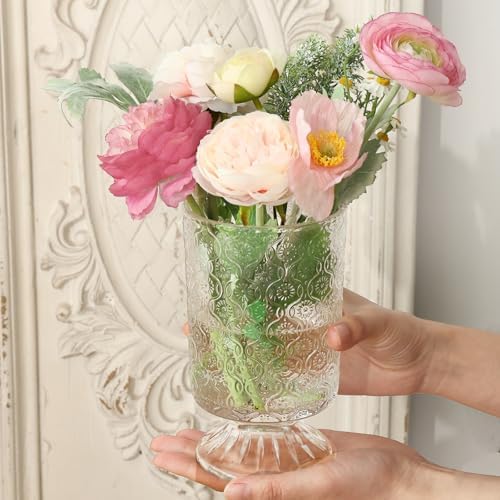 Fixwal Vases for Flowers Set of 3 Vintage Glass Vase for Centerpieces, Embossed Base Vases for Wedding Decoration (H:7" D:4"), Ribbed Glass Containers for Organization for Home Decor (Pack of 3) - Image 4