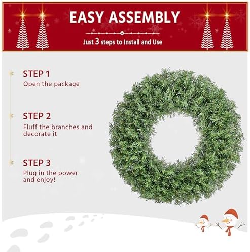 Yaheetech 30in Large Artificial Christmas Wreath, Pre-lit Holiday Accent Decoration with Red Bow, 110 LED Lights & 300 PVC Tips, Metal Structure for Door Wall & Mantel - Image 6