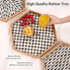 Hexagon Rattan Tray with Mother of Pearl Inlay, Rattan Serving Tray for Coffee, Bread, Fruits, Snacks, Decorative Wicker Tray for Table Decor, Home Decor (Black Checker, 14.5"×12.8") - Image 2