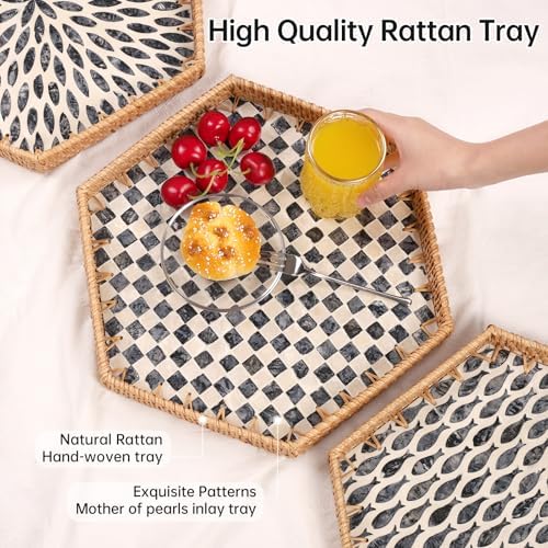 Hexagon Rattan Tray with Mother of Pearl Inlay, Rattan Serving Tray for Coffee, Bread, Fruits, Snacks, Decorative Wicker Tray for Table Decor, Home Decor (Black Checker, 14.5"×12.8") - Image 2