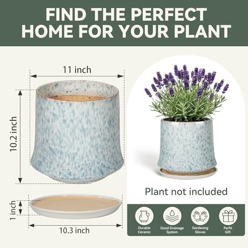 11 Inch Ceramic Planter Pot with Saucer Drainage Leak-Proof Mesh,Flower Pots for Lavender with Gardening Gloves,Ceramic Planter for Orchid(Light Blue) - Image 6