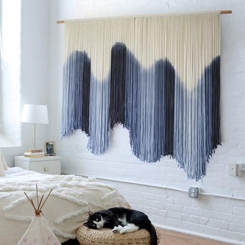 Macrame Wall Hanging Blue Large Hand-Dyed Ombre Fiber Tapestry 57"W*39"L - Image 4