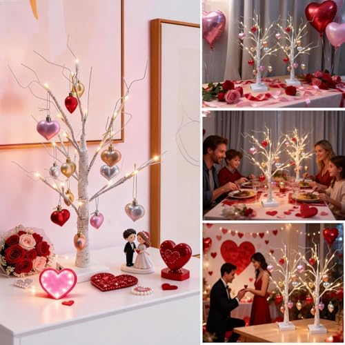 2Pack Valentines Day Decor Lighted Birch Tree with Heart-Shaped Ornaments,USB&Battery Operated Light Up Artificial Tree for Home Indoor Party Valentines Day Decorations (Warm White) - Image 5