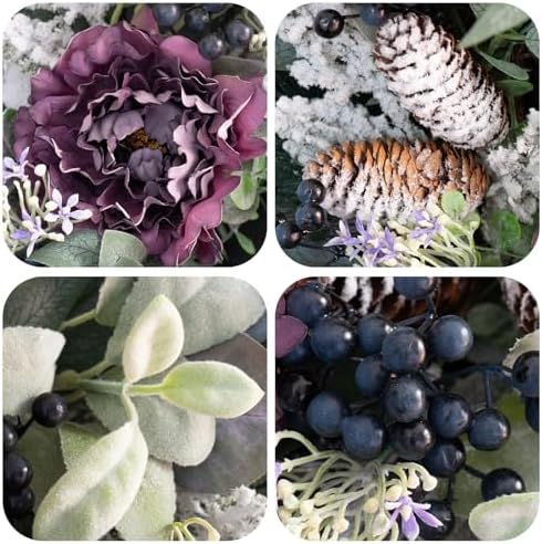 Winter Wreath for Front Door, 24 Inch Christmas Snow Covered Artificial Door Wreath with Purple Peonies, Green Leaves, Pine Cones and Berries, Winter Decor for Indoor or Outdoor - Image 2