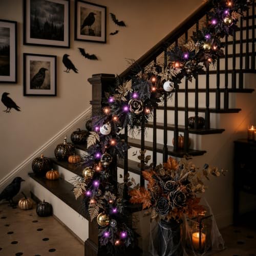 DecorbyHannah 6ft Halloween Garland for Mantle with Lights Black Rose Decor - Image 2