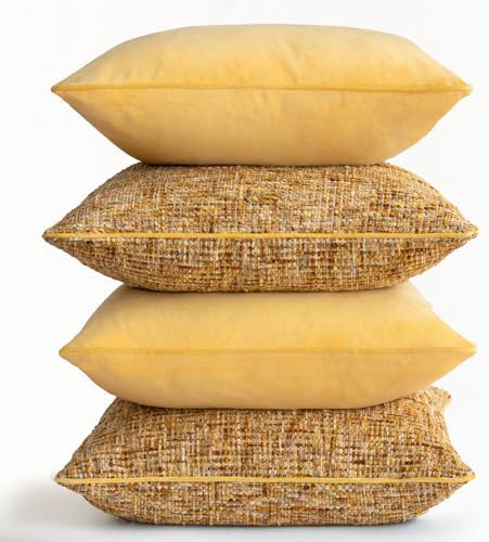 a moment Bright Yellow 4 Pack Throw Pillow Covers - Chenille & Velvet Set with Piping, Farmhouse Textured Design Pillow Cases for Couch Sofa Bed Livingroom (16x16 Inch, No Insert) - Image 6