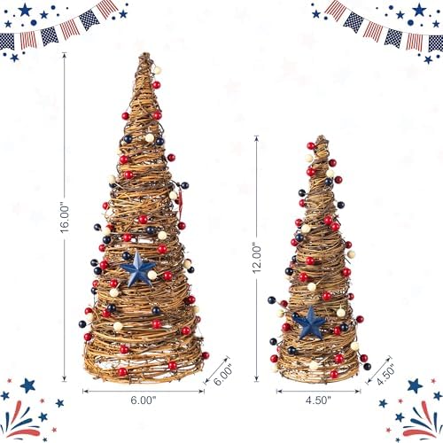 Glitzhome Set of 2 Patriotic Table Tree 4 of July Tabletop Centerpiece Artificial Rattan Stars& Berry Cone Table Tree Decoration for Memorial Day Home Office Table Shelf - Image 2