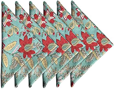 Cotton Print Dinner Napkins 18x18 inches - Washable Cloth Napkins Set of 6 - Everyday Use or Dinner Party & Events - Teal Green Indian Block Printed Soft Fabric by Craftbot by AVKAStudio