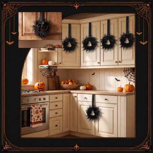 Dingion 6 Pcs 6 Inch Mini Halloween Cabinet Wreaths Black Wreath with Bow - Image 4