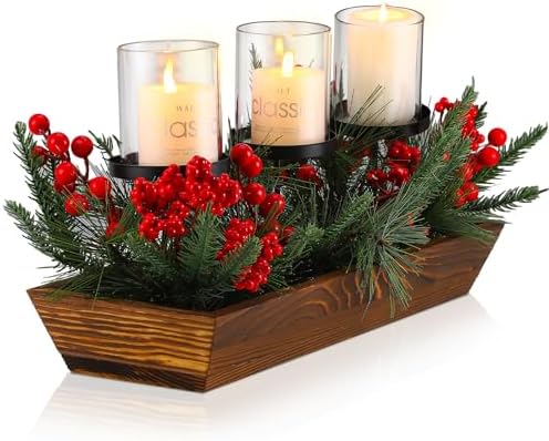3 Pillar Christmas Table Centerpiece Christmas Candle Holder Artificial Red Berries Pine Cones with Steal Base Frosted Berry Arrangement for Home Decor by Suttmin