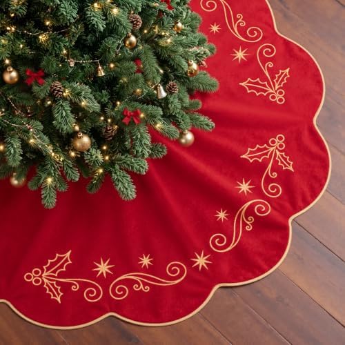 VOXOR 60 Inch Christmas Tree Skirt, Extra Large Red Velvet Tree Skirt with Gold Embroidery, Vintage Tree Skirts with Hook and Loop Closure for 9 & 10 Feet Trees, Xmas Decorations for Home Living Room by VOXOR