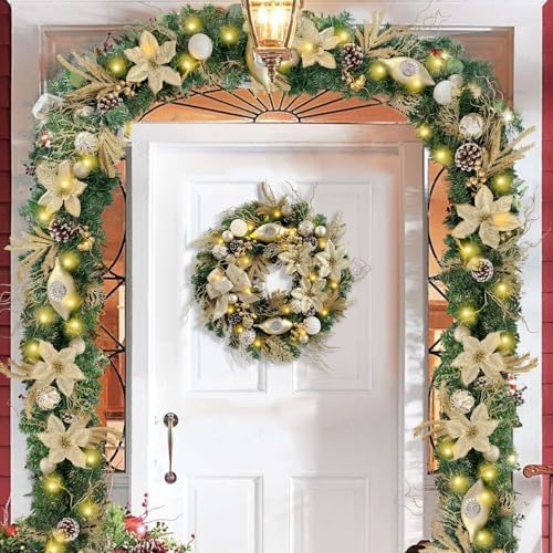 WANNA-CUL Pre-Lit 6 Feet/72 Inch Christmas Garland for Front Door with Lights Champagne Gold Christmas Mantel Garland Decoration with Ball Ornaments, Poinsettia Flowers,Ribbon,Battery Operated 30 LED - Image 4