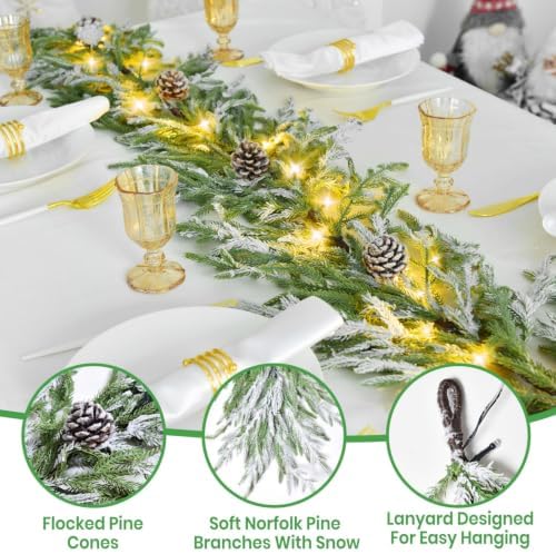 YoleShy 2 PCS 9 FT Real Touch Norfolk Pine Garland Flocked Christmas Garland with Lights Pinecone and White Snow Battery Operated Prelit Garland Christmas Decorations for Mantle Fireplace Xmas Home - Image 3